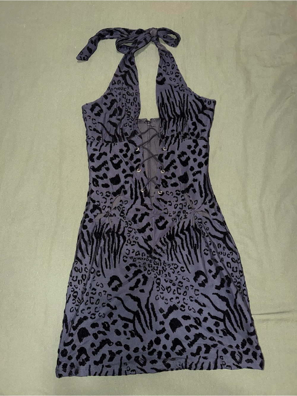 Halter Lace-Up Animal Print Mini Dress - Black & Gray
